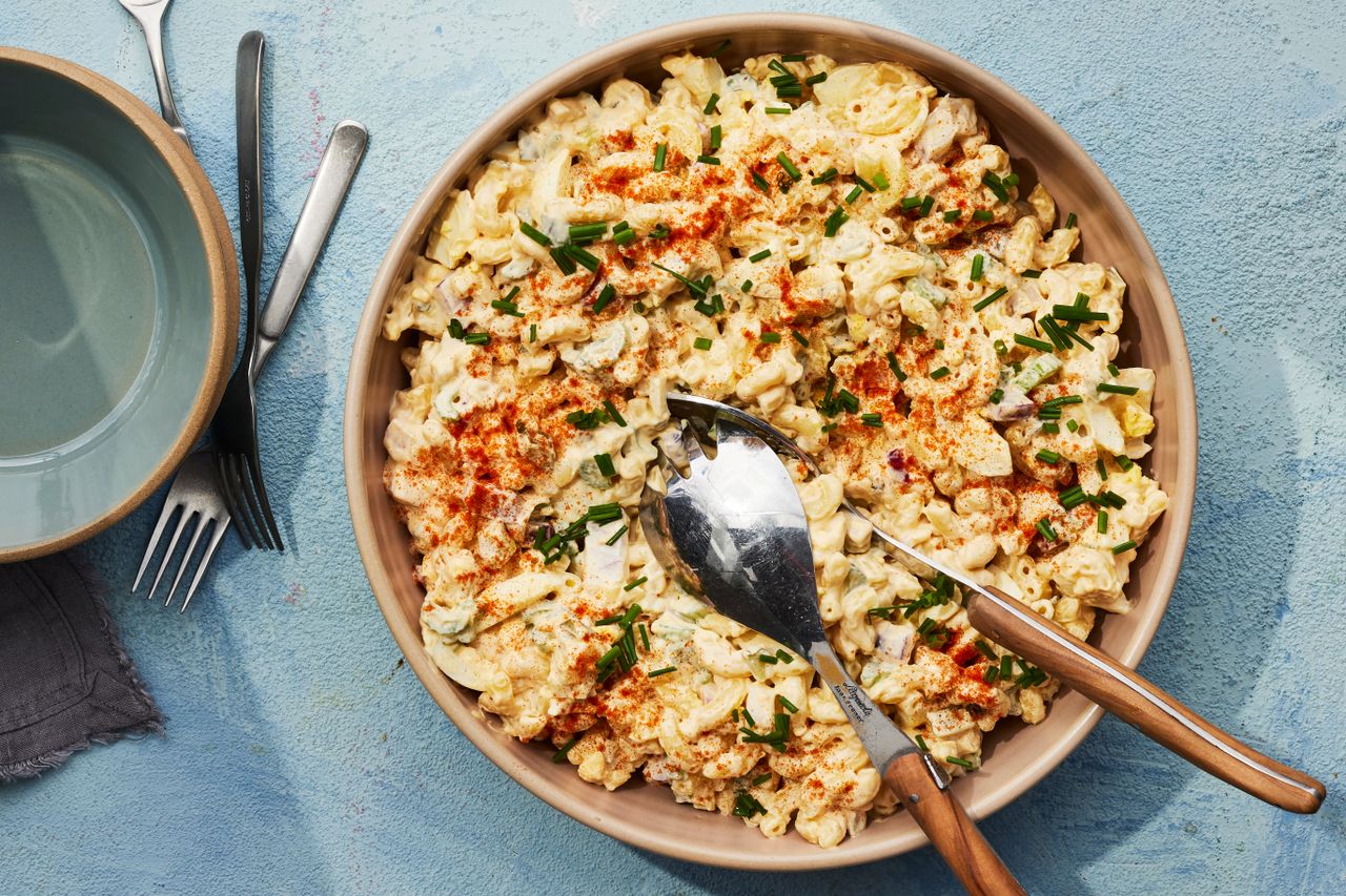 a bowl full of Deviled Egg Pasta Salad
