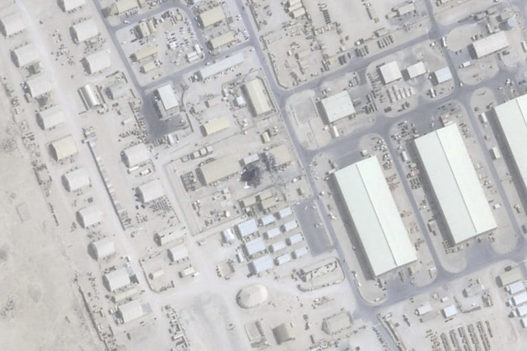 A satellite image shows damage after an Iranian attack in June on the Al Udeid Air Base in Qatar.