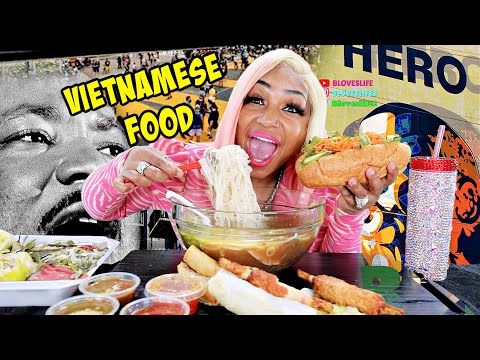 Vietnamese pho, banh mi, and shrimp spring roll mukbang feast