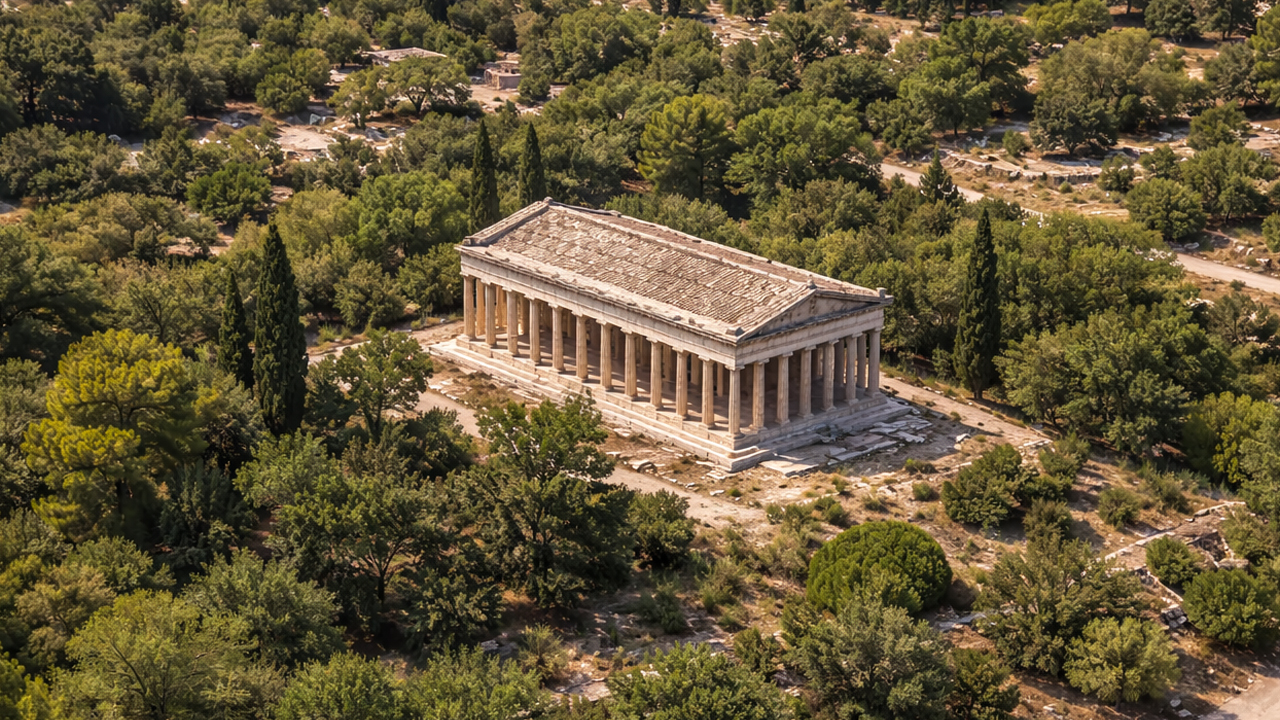 Ancient columns standing quietly among the trees