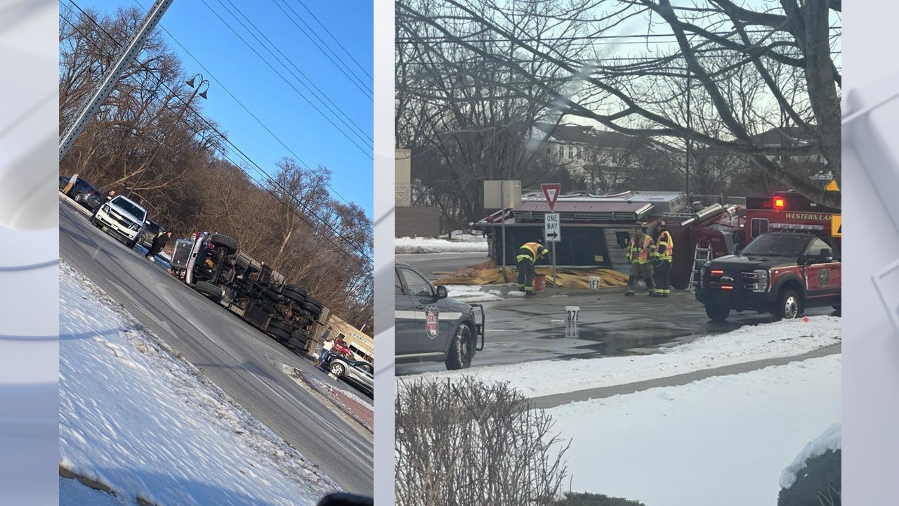 Fire truck rolls onto side while responding to Delafield apartment fire