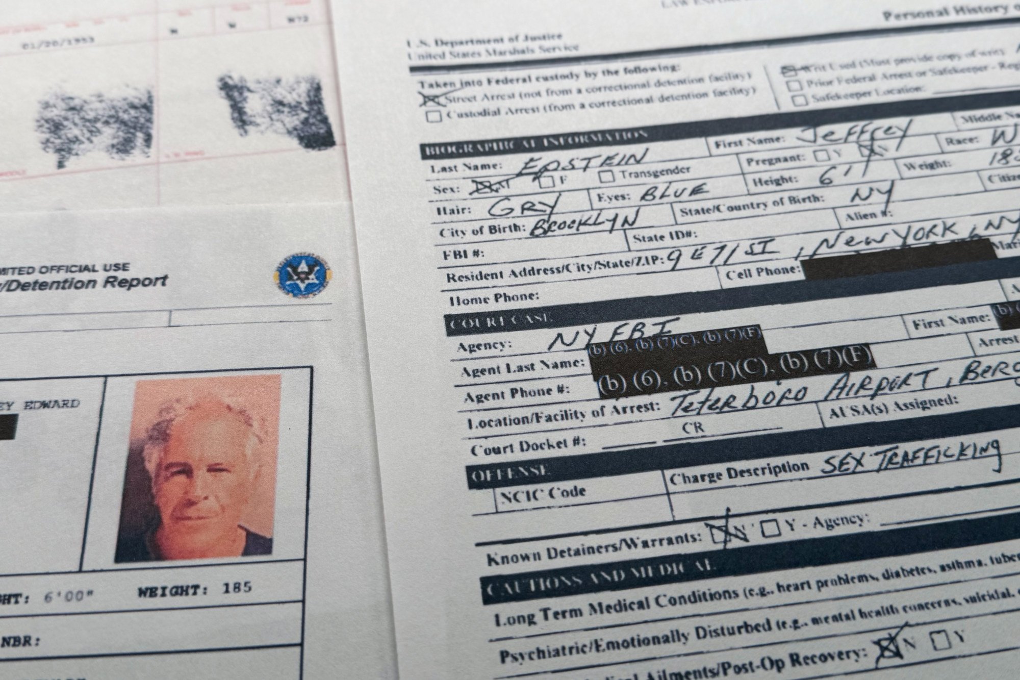A document that was included in the US Department of Justice release of the Jeffrey Epstein files is seen on Sunday. Photo: AP