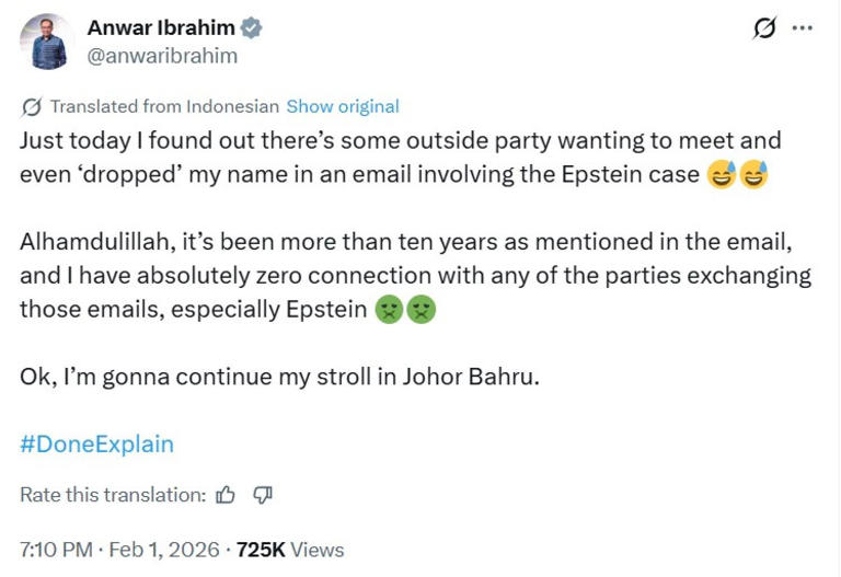 A translated version of Malaysian Prime Minister Anwar Ibrahim's social media post dismissing speculation about any links to US sex offender Jeffrey Epstein. Image: X/anwaribrahim