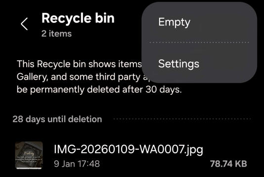 Emptying a folder from the Recycle bin on Android.
