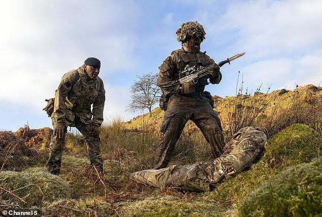 Moment young British soldiers practise attacking enemy troops with bayonets