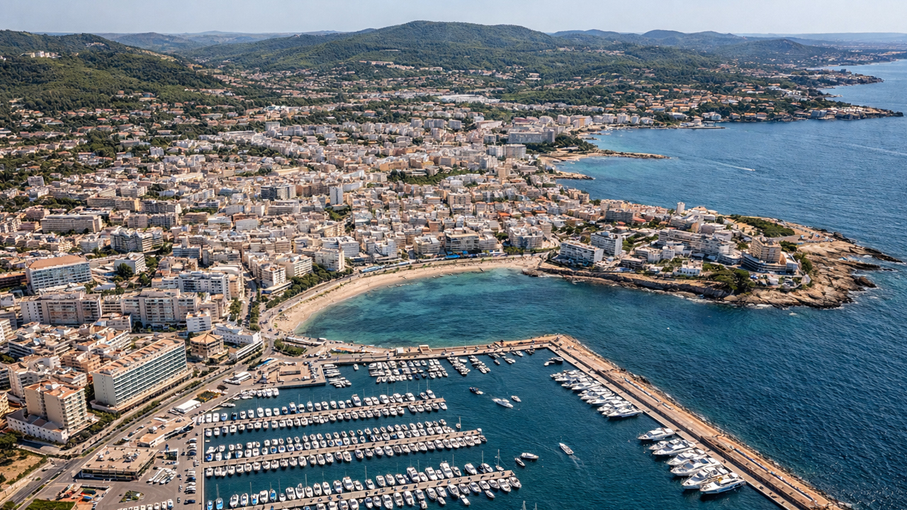 Coastal city curving around a quiet marina