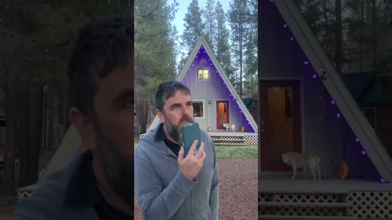 Hanging dimmable bistro string lights on our A-frame cabin