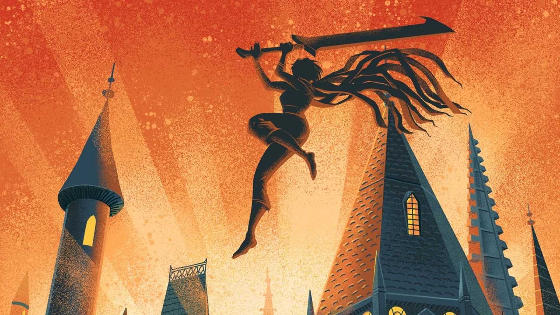 The book cover of The Well of Ascension by Brandon Sanderson shows a woman jumping over a town with a massive sword.