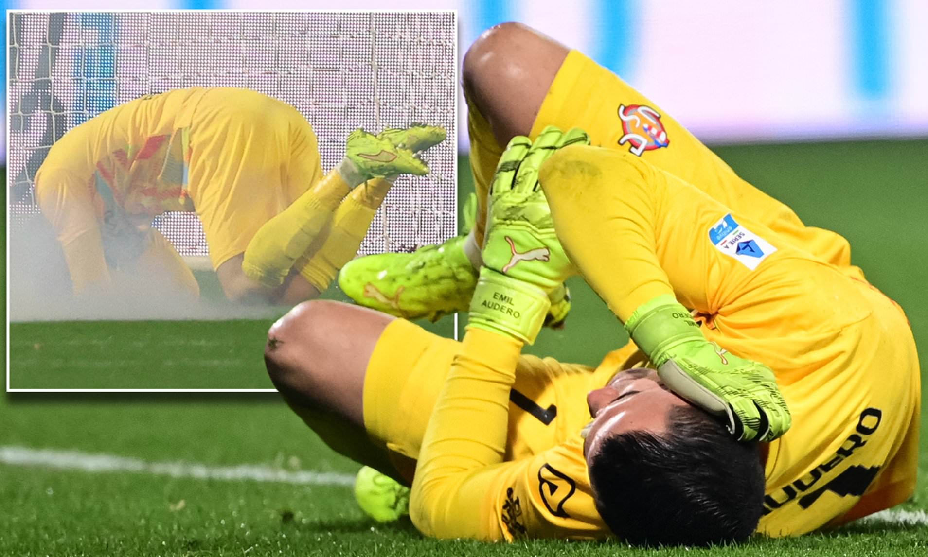 Shocking moment goalkeeper is hit with firework in explosion that also ...