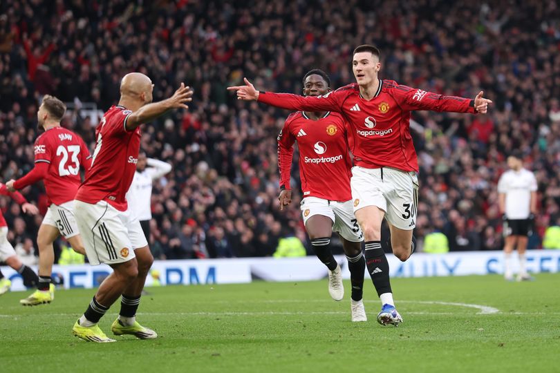 Benjamin Sesko of Manchester United celebrates scoring his team's third goal during the Premier League match between Manchester United and Fulham at Old Trafford on February 01, 2026 in Manchester, England.