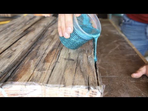 DIY farmhouse dining table w/ epoxy inlays using reclaimed barnwood