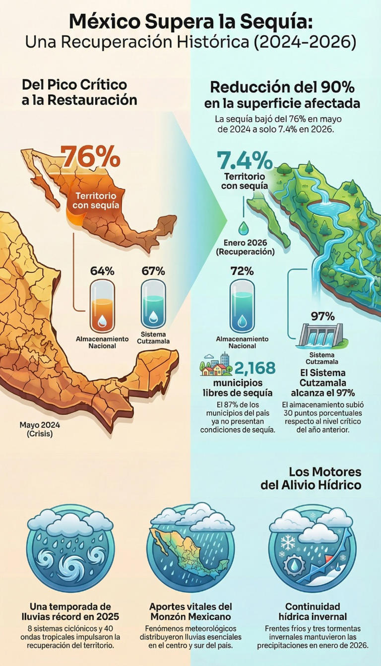 Histórico: México vence la sequía en 2026; solo el 7% del país permanece afectado. | Ilustración: Debate