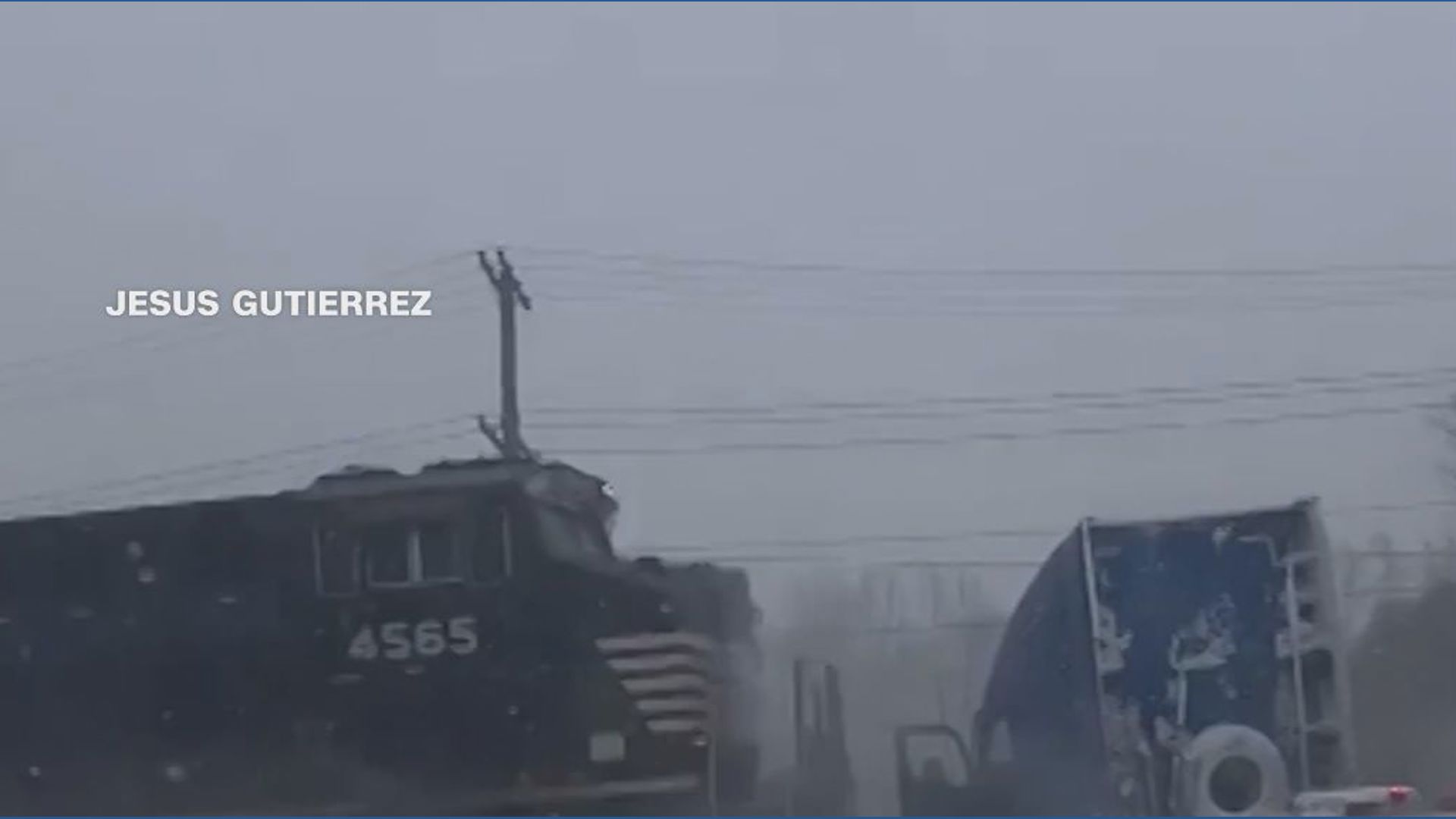 Train collides with semi cab stuck on snowy railroad tracks in North ...