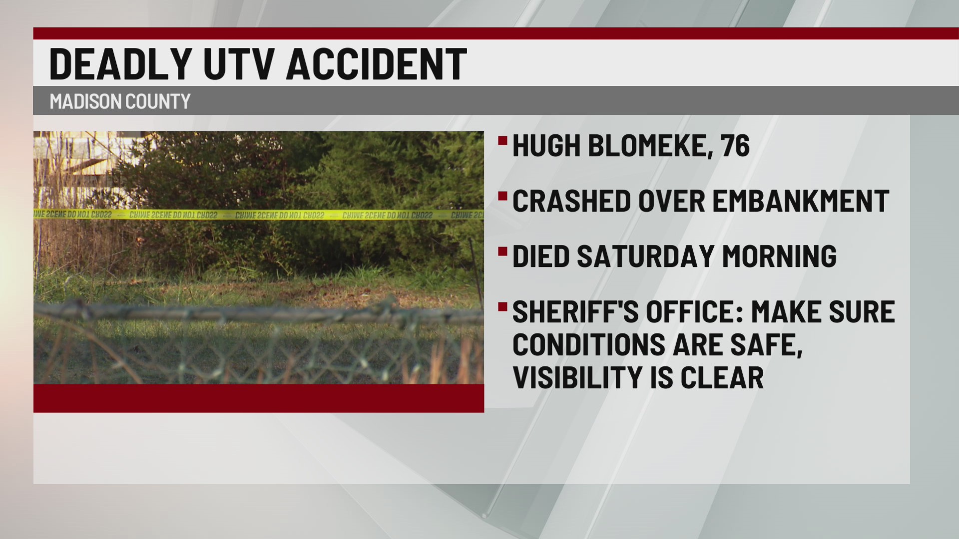 Elderly man killed in UTV crash during snowstorm