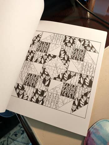 Coloring book page featuring geometric and floral patterns, ideal for relaxation and creativity in a shopping context