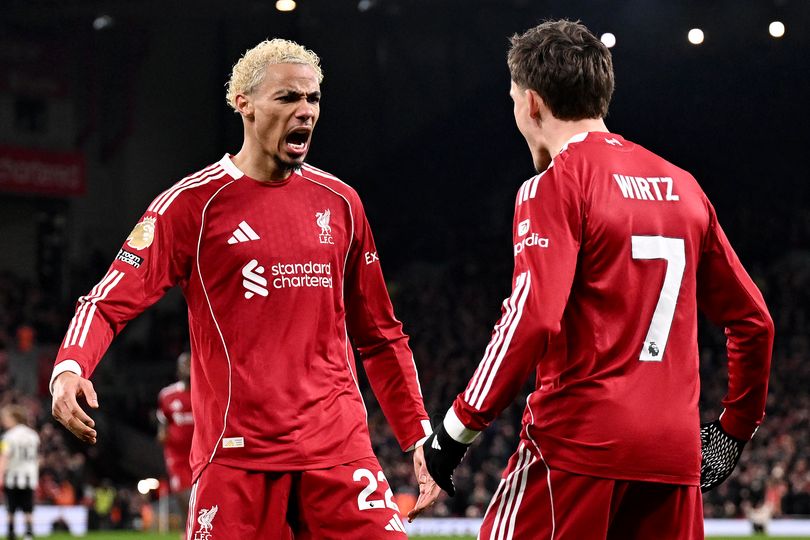 Hugo Ekitike of Liverpool celebrates scoring his team's second goal with Florian Wirtz during the Premier League match against Newcastle United at Anfield on January 31 2026