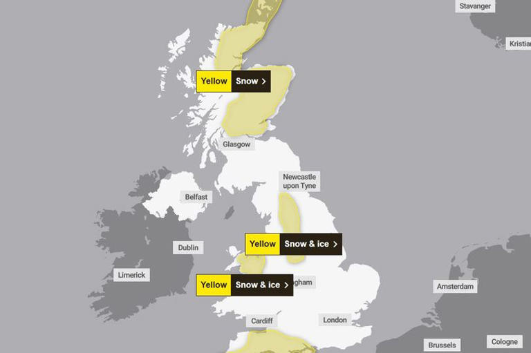 Full list of UK areas affected by new Met Office snow and ice warning ...