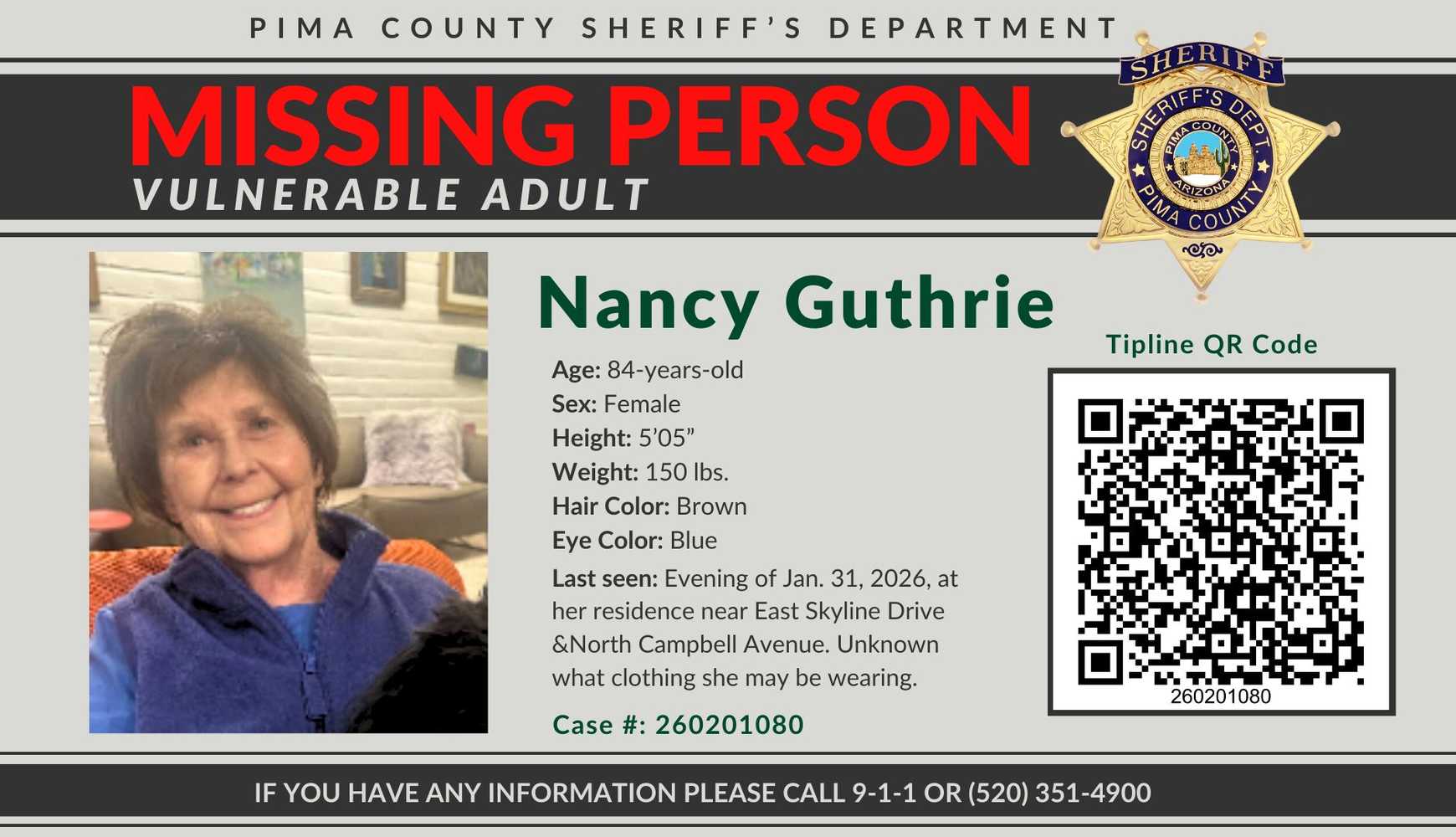  The Pima County Sheriff's Office flyer after Nancy Guthrie's disappearance. 