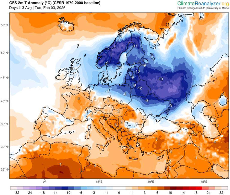 L'Europe est coupée en deux cette semaine : du froid vif à l'est du continent et de la douceur à l'ouest. © Climate Reanalyzer
