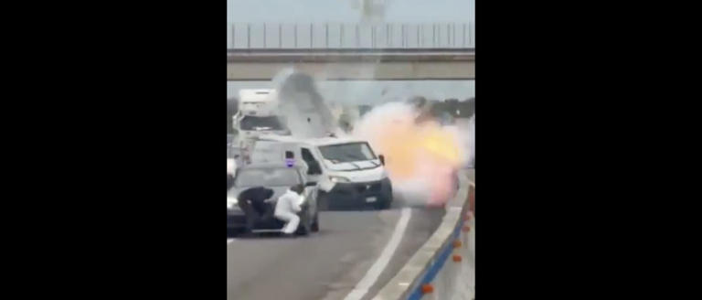 Gunmen attack armored van in fiery highway robbery straight out of movie