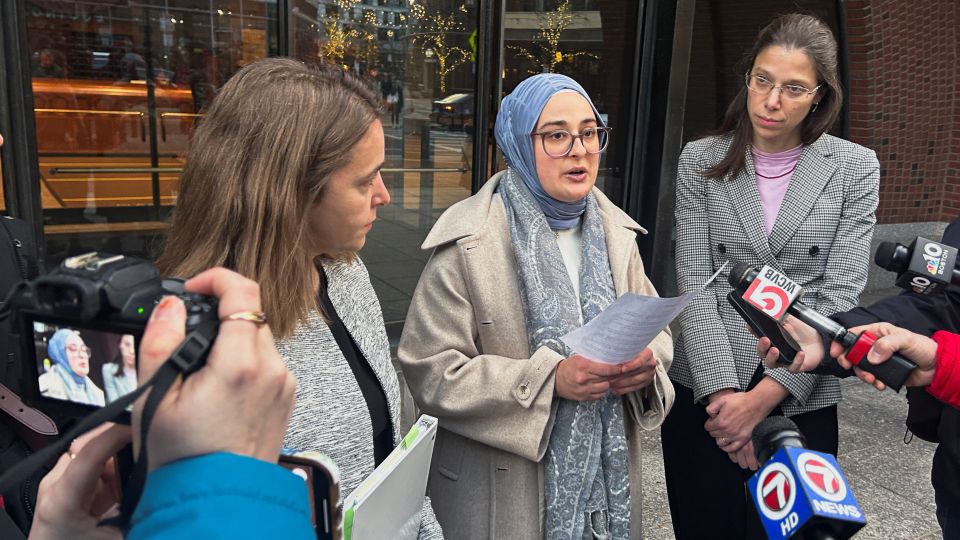 Rümeysa Öztürk speaks to reporters after urging a federal judge to order the Trump administration to restore her student visa record, outside the federal court in Boston, Massachusetts, on December 4, 2025 - Nate Raymond/Reuters