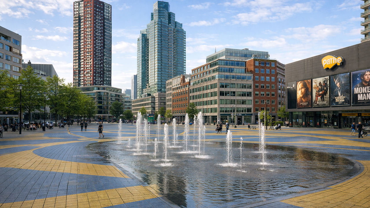 Vie urbaine moderne sur la place centrale de Rotterdam