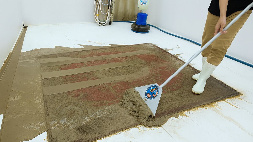 Removing thick mud from a patterned rug