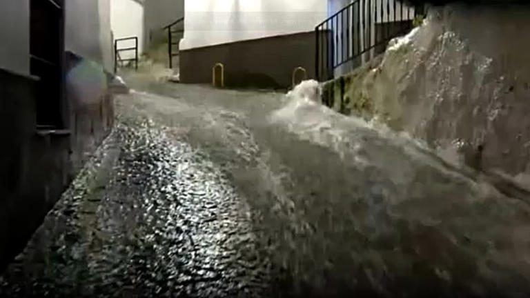 Flooded street in Ubrique, Cadiz, Spain after recent storms