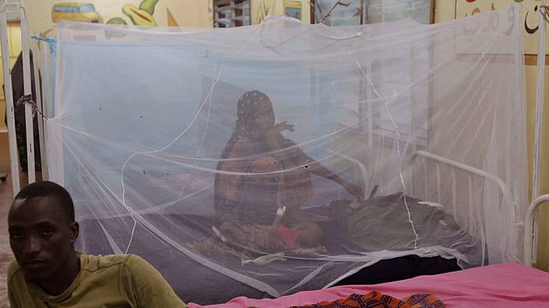 A woman and child sits behind a mosquito net at a field hospital of the International Rescue Committee, IRC, in the town of Dadaab, Kenya, Tuesday, July 26, 2011.