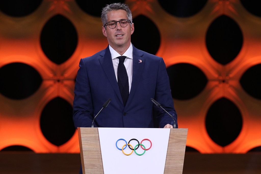 Casey Wasserman speaks during the LA 2028 Presentation in Lima, Peru, on September 13, 2017.
