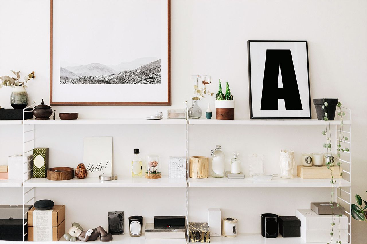 Styled shelves with knick knacks