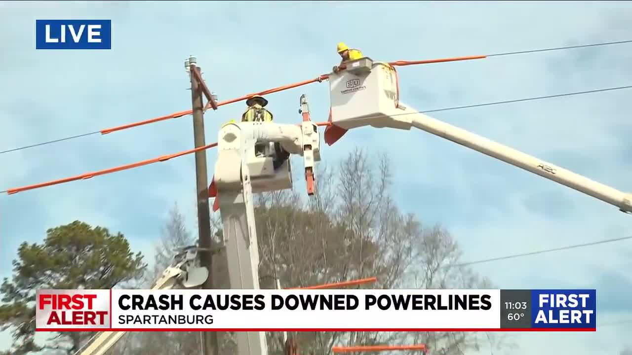 Crash causes downed powerlines, road to shut down in Spartanburg