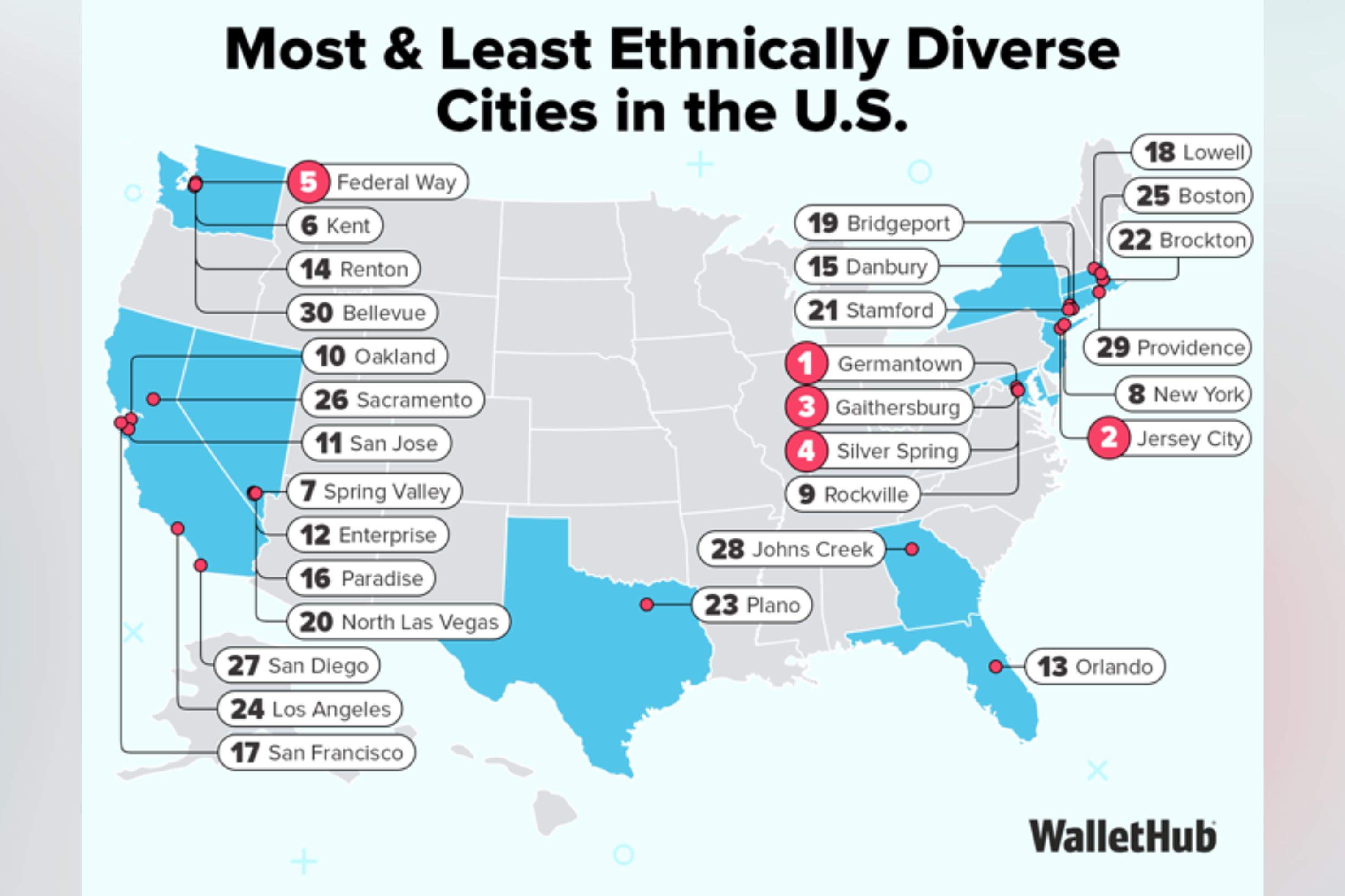 Map shows most and least ethnically diverse cities in US<br>