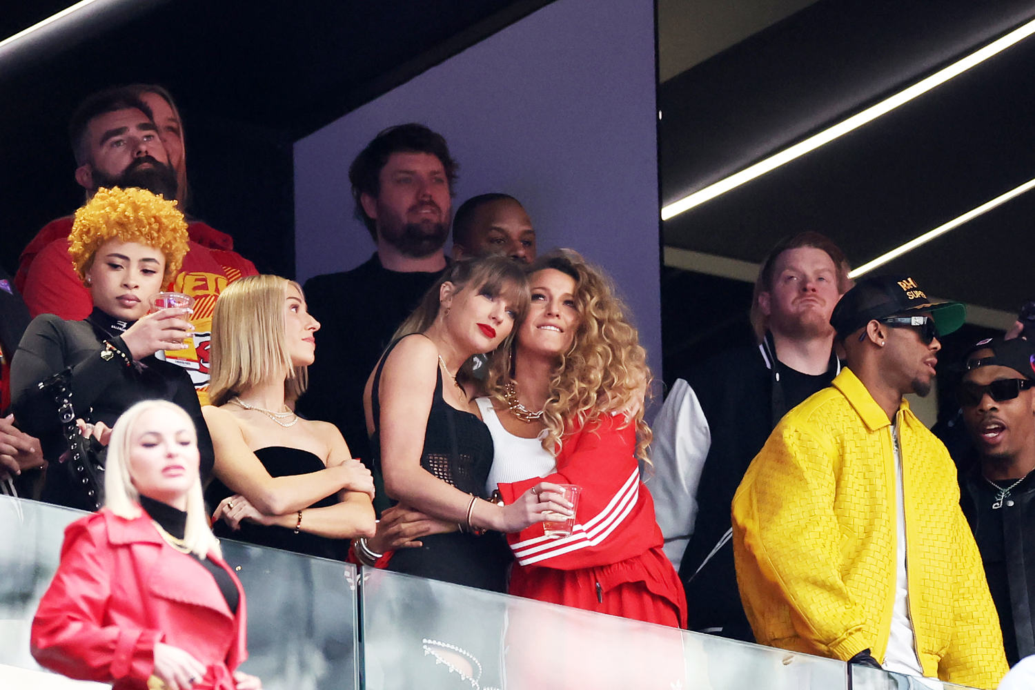 Taylor Swift and Blake Lively hug before the Super Bowl between the San Francisco 49ers and the Kansas City Chiefs in Las Vegas on Feb. 11, 2024. (Ezra Shaw / Getty Images file)
