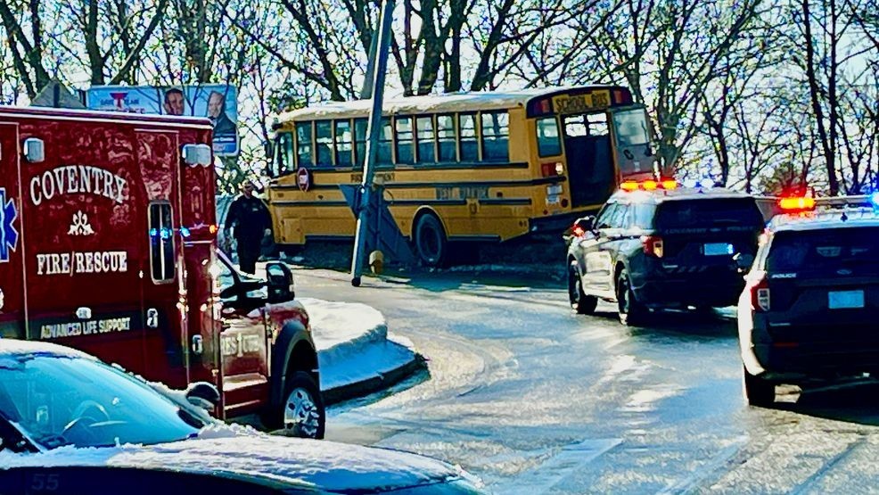 School bus evacuated following crash into utility pole in Coventry