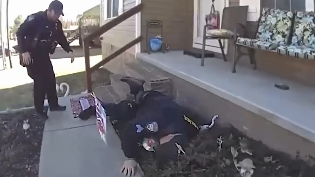 Officer's porch step goes wrong as sudden fall caught on video