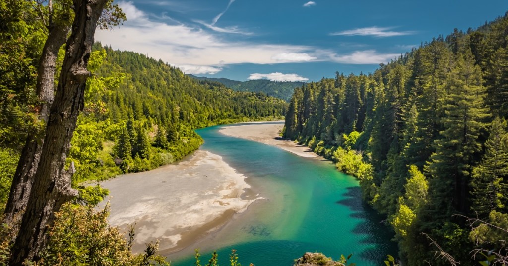 A calm teal river with sandy riverbanks moves steadily through hills of evergreen forests.