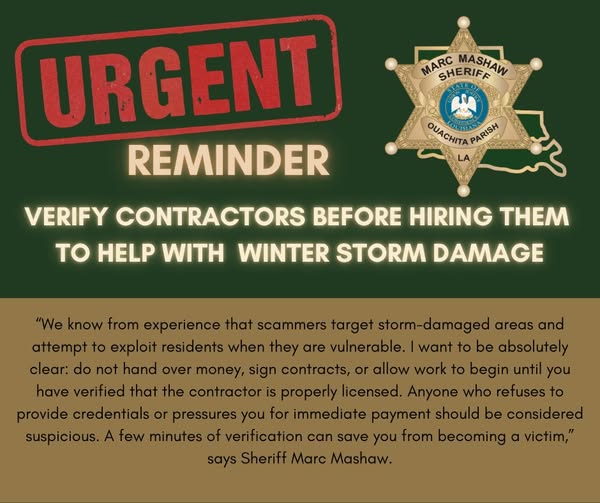 Ouachita Parish Sheriff’s Office issues urgent warning about contractor ...