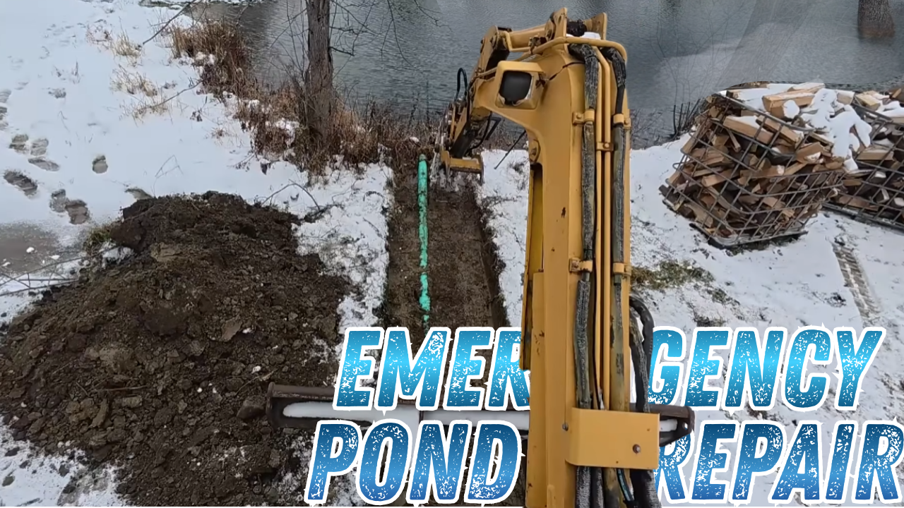 Emergency pond repair fixing dam overflow with excavator