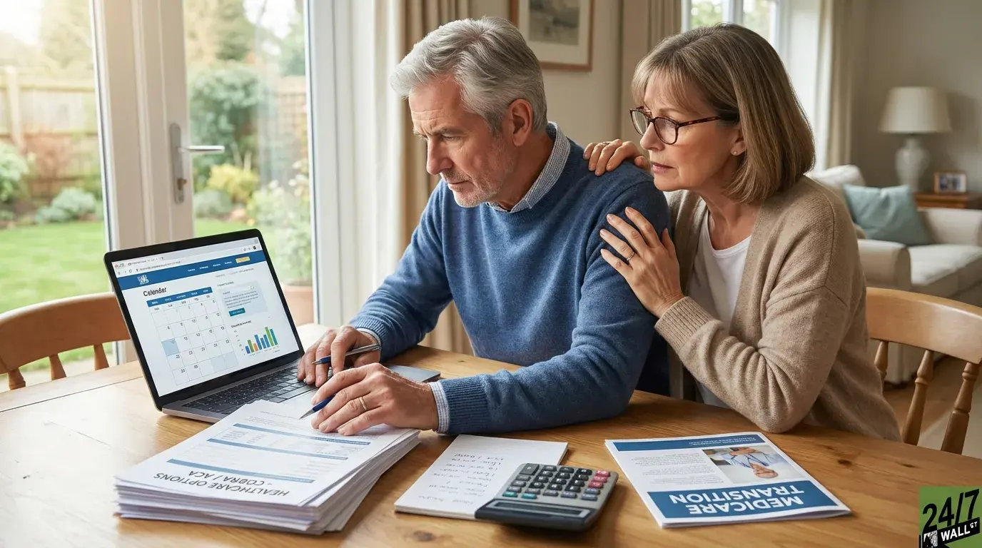 A Caucasian older man and woman are seated at a wooden table in a well-lit room, looking at a laptop. The man, with gray hair and a blue sweater, holds a pen and points at the screen which displays a calendar and charts. The woman, with blonde hair and glasses, wears a beige cardigan and has her hand reassuringly on the man's shoulder. On the table, there are stacks of papers, including documents labeled 'HEALTHCARE OPTIONS COBRA / ACA' and 'MEDICARE TRANSITION', a calculator, and a notepad. A large window showing a green garden is visible in the background, with a bright room interior.