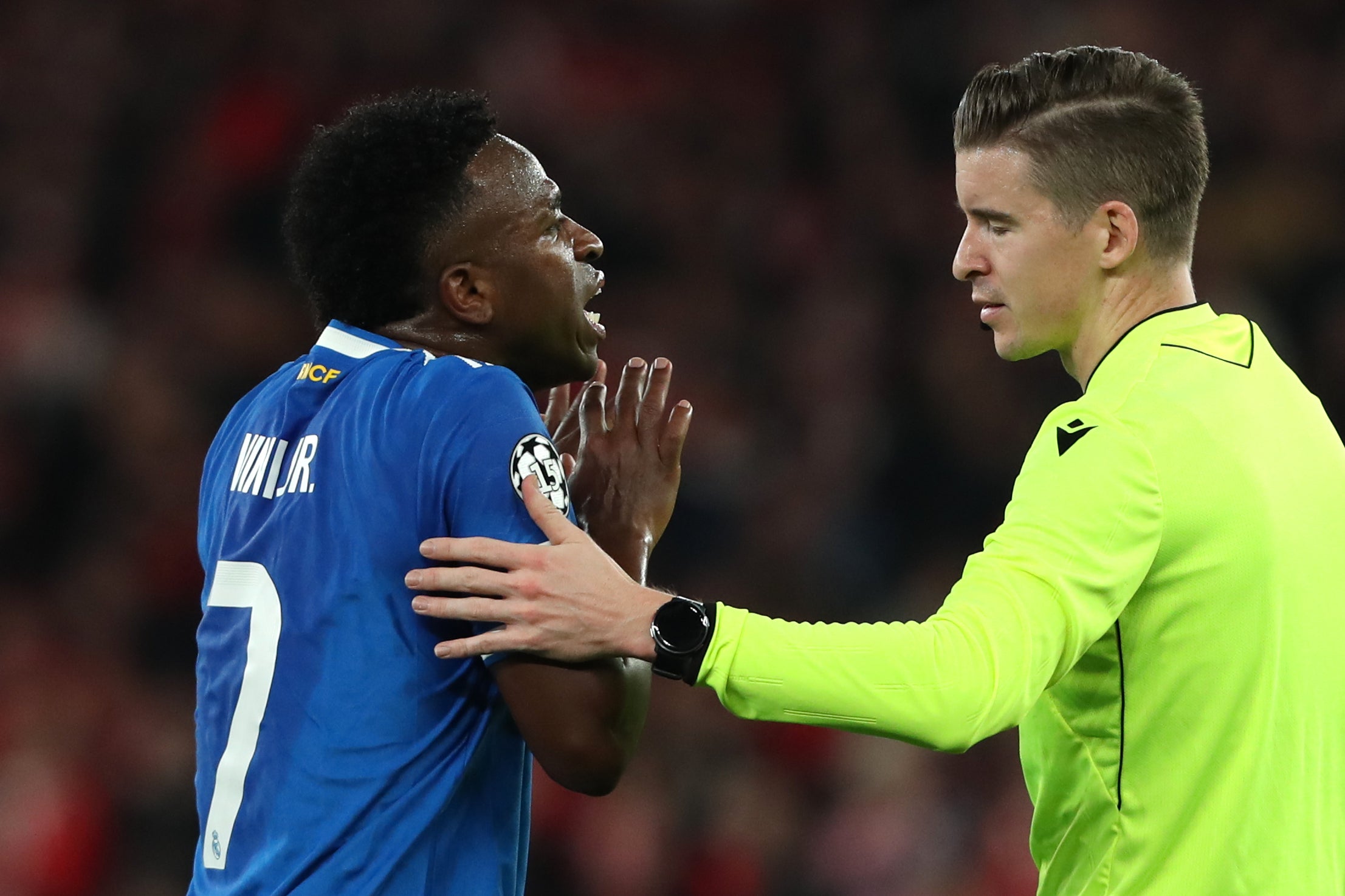 The match was halted for 11 minutes, under Uefa’s three-step anti-racism protocol, after the Benfica player Prestianni made a comment towards Vinicius that was interpreted by the Brazilian to be a racist slur (AP)