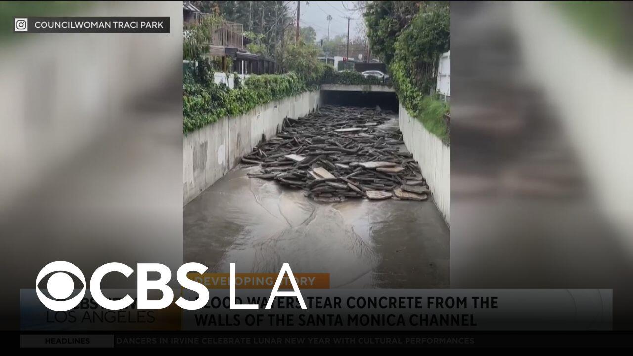 Rushing stormwater rips concrete from the Santa Monica Channel walls