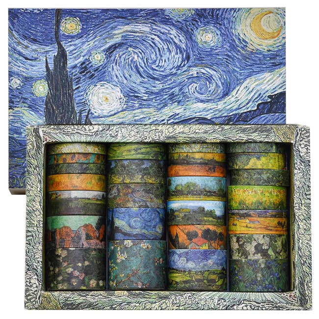 Set of decorative tapes featuring famous Van Gogh paintings, including Starry Night, arranged in a gift box