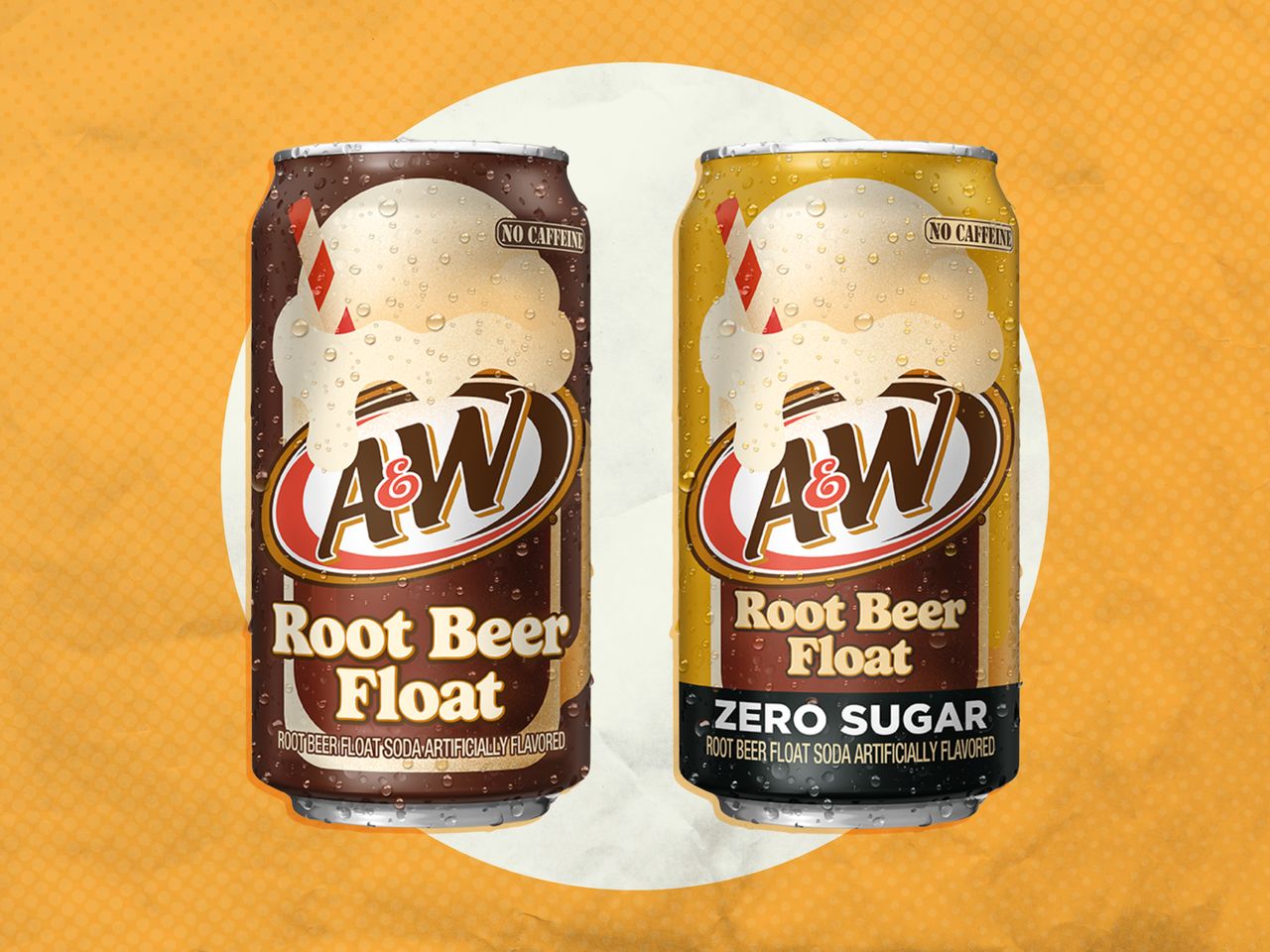 Cans of A&W Root Beer Float and Zero Sugar Root Beer Float on an orange and white background