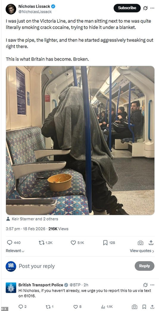 British Transport Police responded to the post urging the user to report the shocking incident 