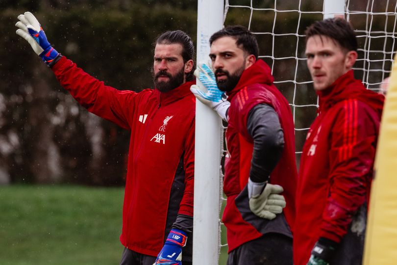 Alisson Becker, Giorgi Mamardashvili and Freddie Woodman of Liverpool during a training session at AXA Training Centre on February 13, 2026 in Kirkby, England