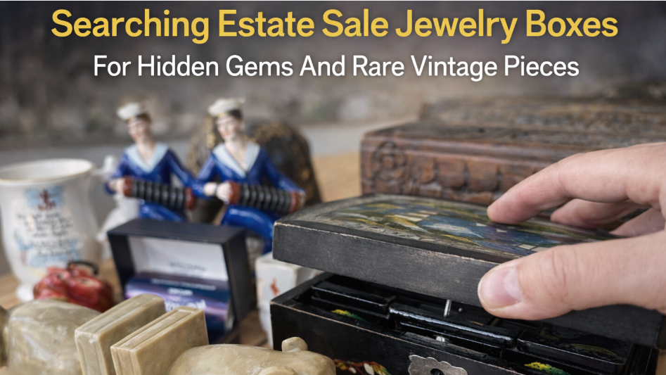 Searching estate sale jewelry boxes for hidden gems and rare vintage pieces