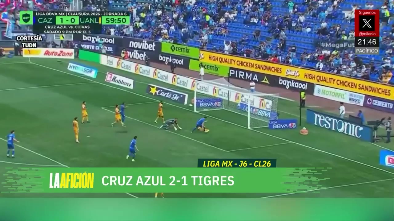 Cruz Azul derrota 2-1 a Tigres y vuela al segundo lugar del Clausura 2026
