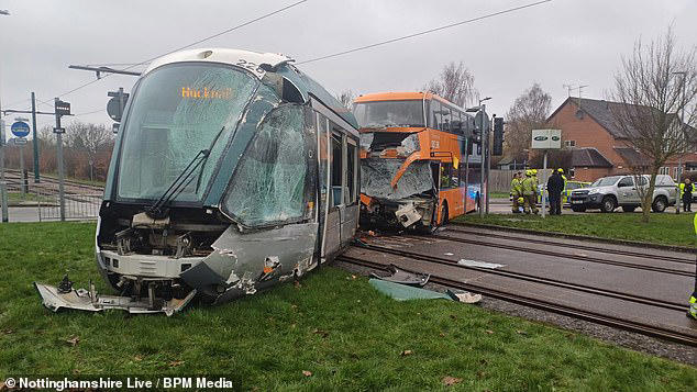Passengers are treated for injuries after bus and tram collide