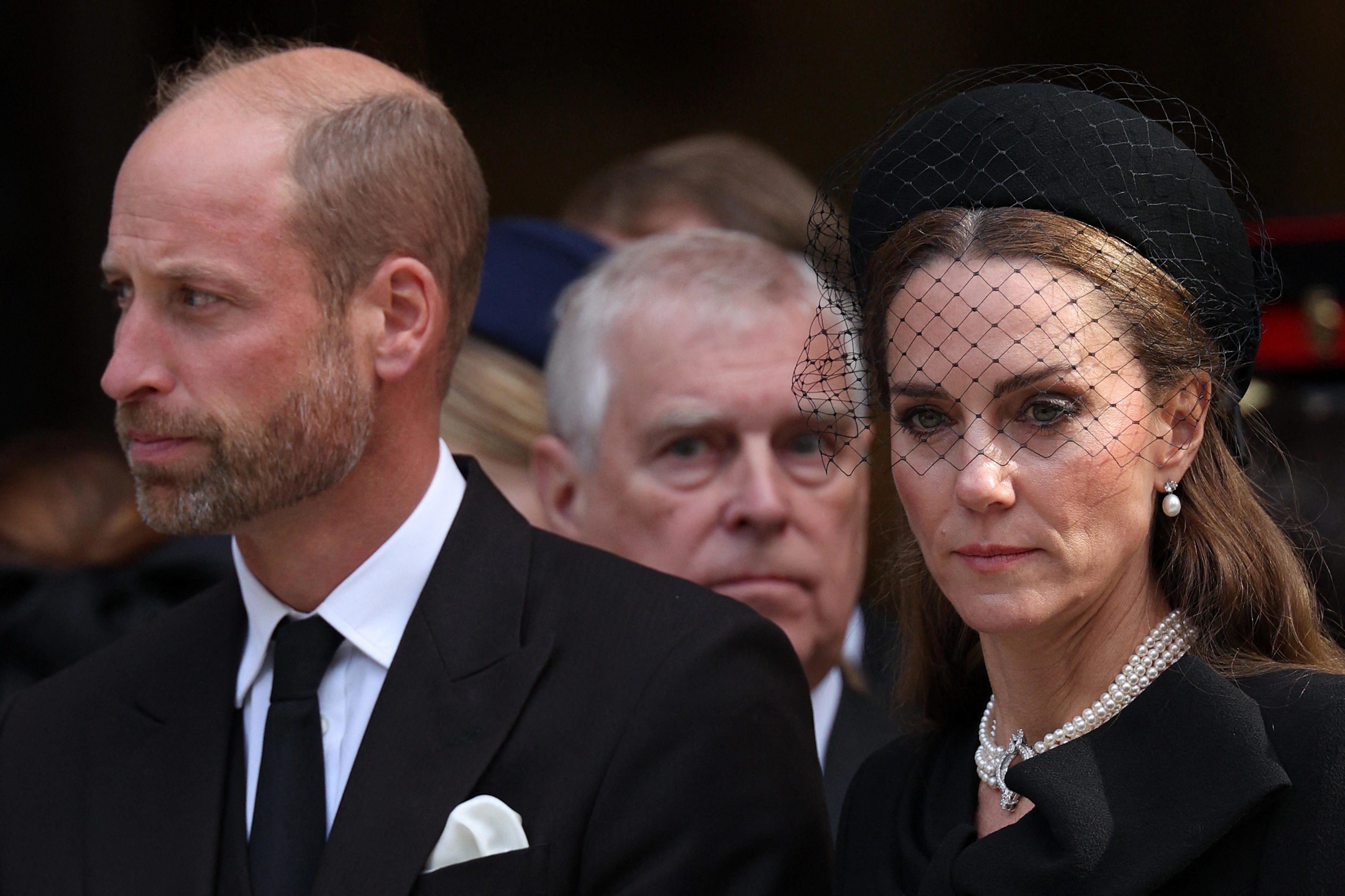 Prince William, from left, Prince Andrew and Princess Kate appear at a Requiem Mass, a Catholic funeral service, for the late Katharine, Duchess of Kent, at Westminster Cathedral in London on Sept. 16, 2025.
